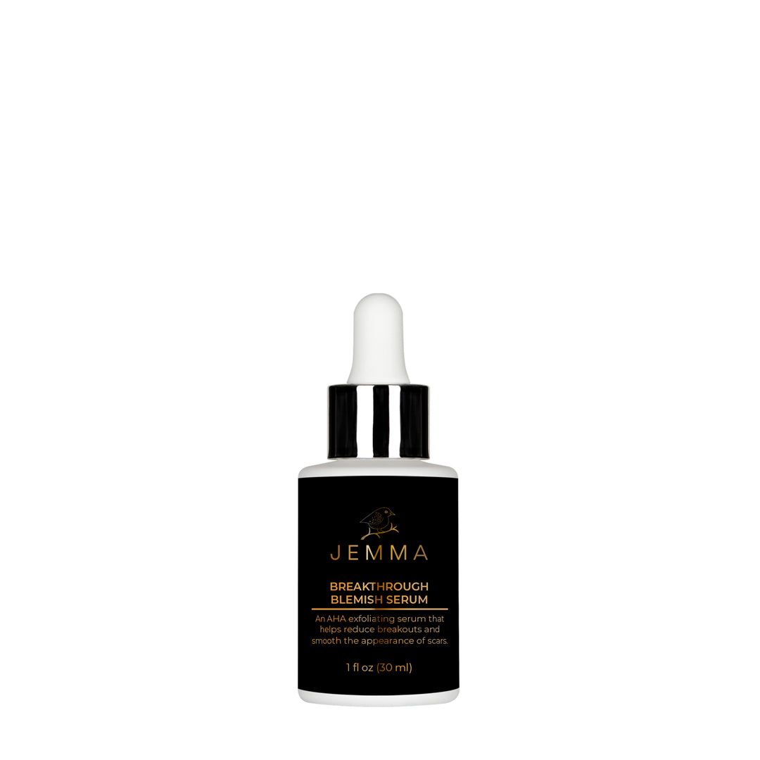 Jemma skincare serum bottle with dropper on a white background