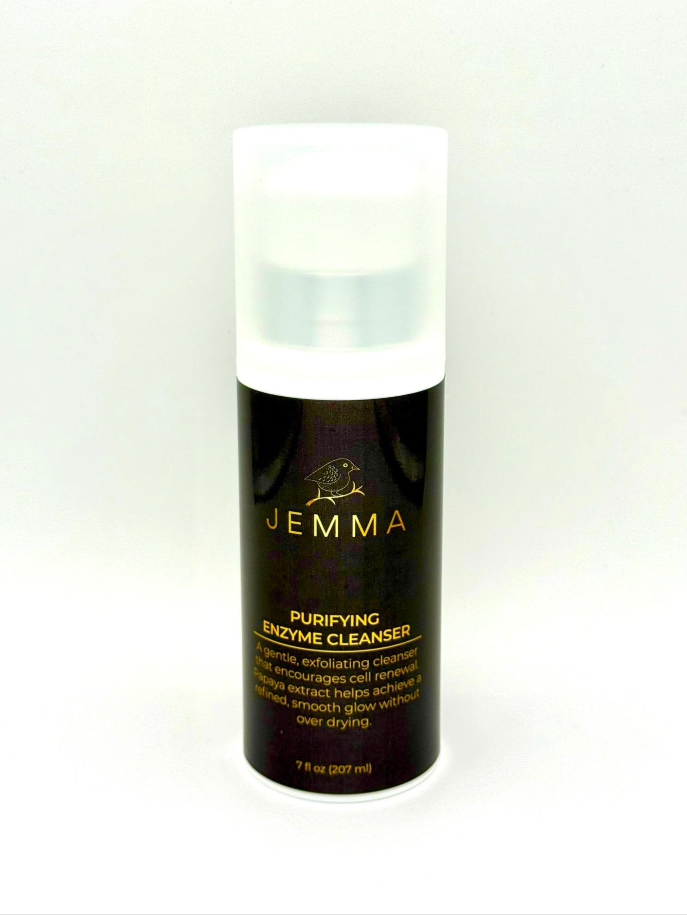 A bottle of JEMMA Purifying Enzyme Cleanser with a black label and a white pump.